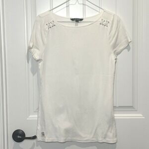 Lauren Ralph Lauren White Laced Sleeve Cotton Womens Size Medium T-Shirt